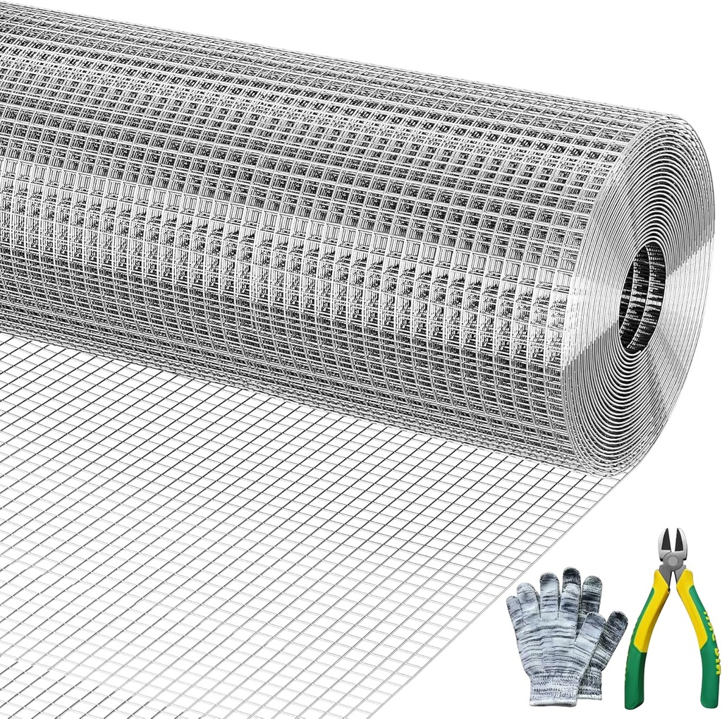 Galvanizing Hardware Cloth, Chicken Wire Mesh 1/2 inch 48in x 50ft, Chicken Wire Fence Rolls for Garden Plants, for Chicken Coops and Pet Fences Heavy Duty Cutting Pliers and Gloves