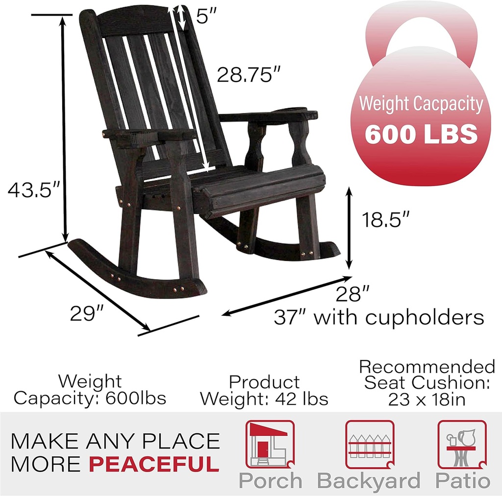 Amish Casual Heavy Duty 600 Lb Mission Pressure Treated Rocking Chair with Cupholders (Semi-Solid Black Stain)