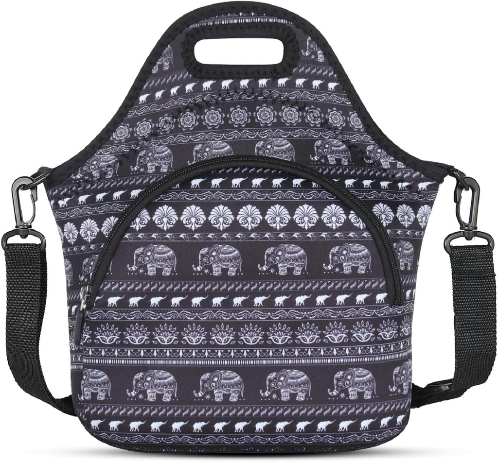 Violet Mist Neoprene Lunch Bags with Shoulder Strap Lunch Totes for Women Men Insulated Lunch Handbag Thermal Lunch Box Reusable Gourmet Bento Bag Pocket Zipper for Work Picnic Travel, Retro Elephant