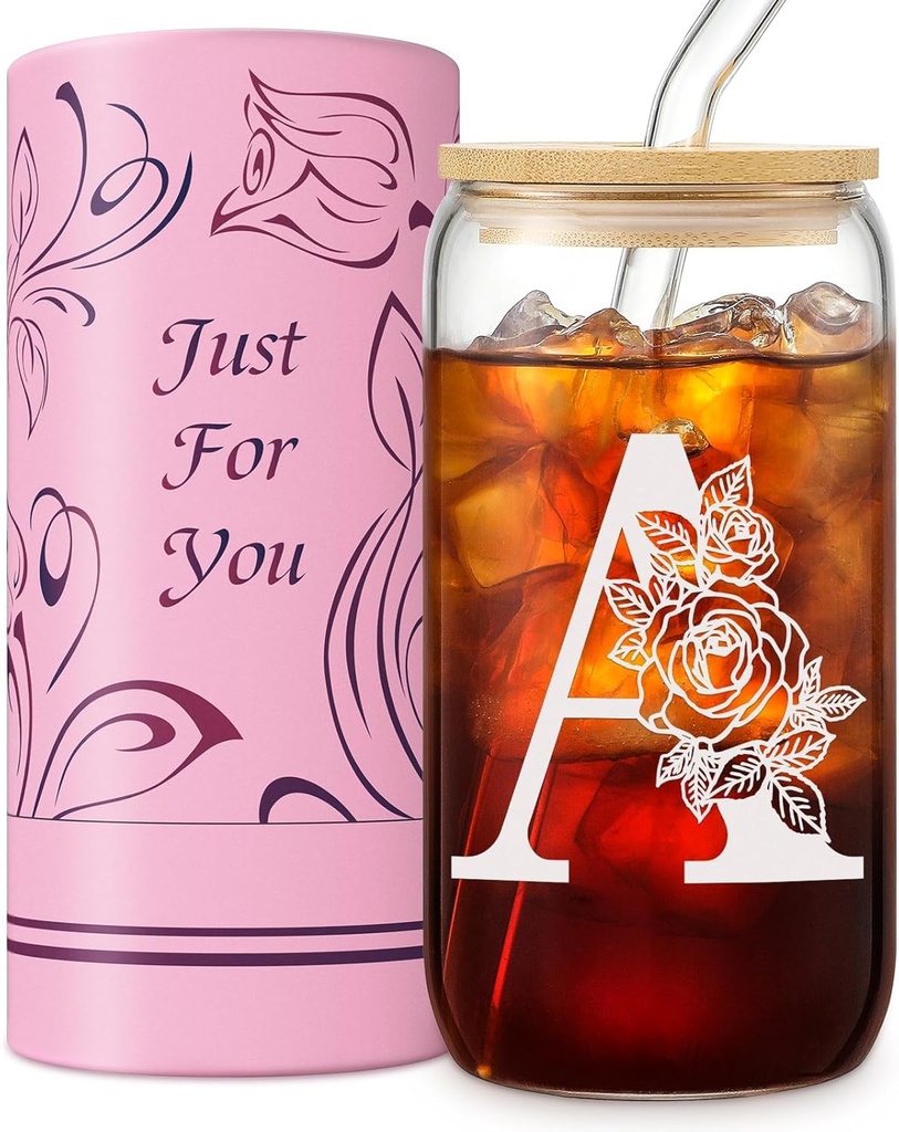 Monogrammed Gifts for Women, Personalized Gifts for Her Mom, Glass Cup with Bamboo Lids and Straws 16 oz, Iced Coffee Cup, Tea Cup, Cute Aesthetics custom Tumbler Cup, Mothers Day, Birthday Gifts - A