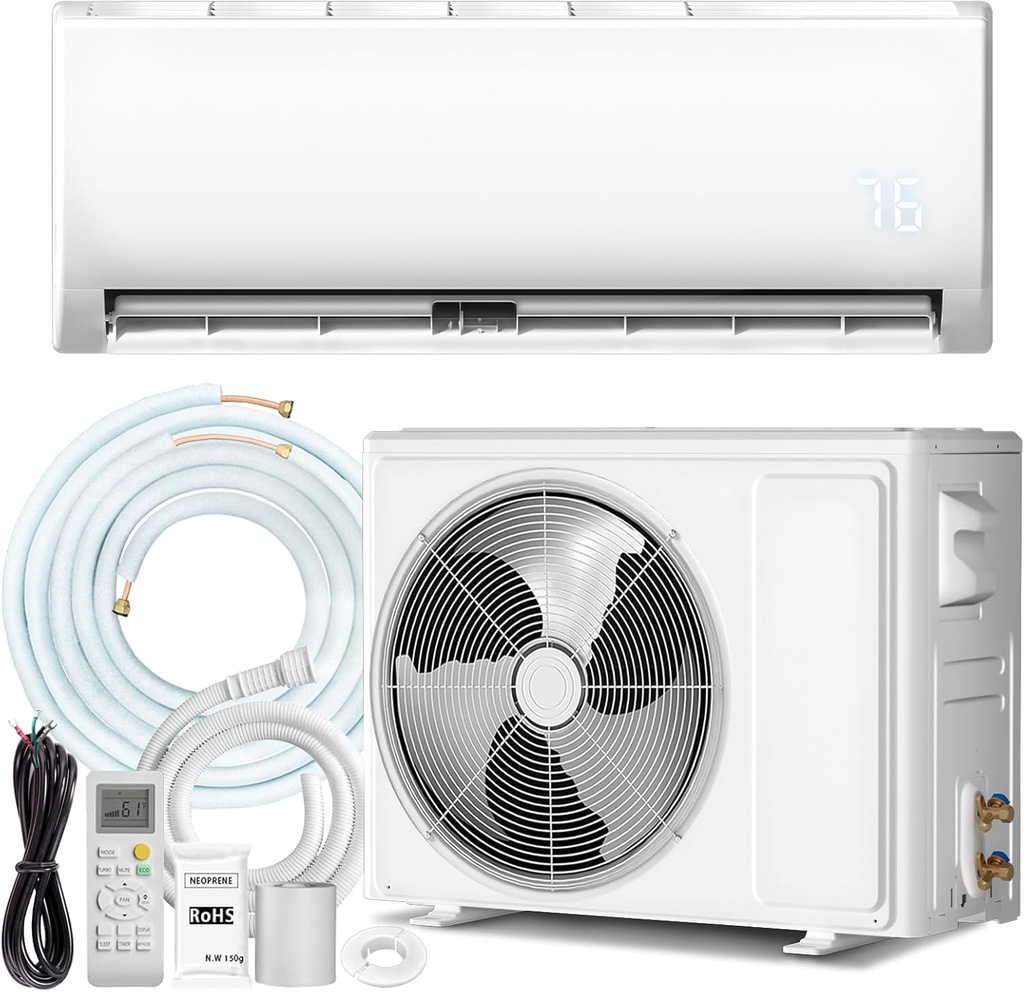 12000 BTU Mini Split AC/Heating System with Inverter, 19 SEER2 115V Energy Efficient Ductless Wall-Mounted Air Conditioner Unit Cools Rooms up to 750 Sq. Ft with Heat Pump & Installation Kits