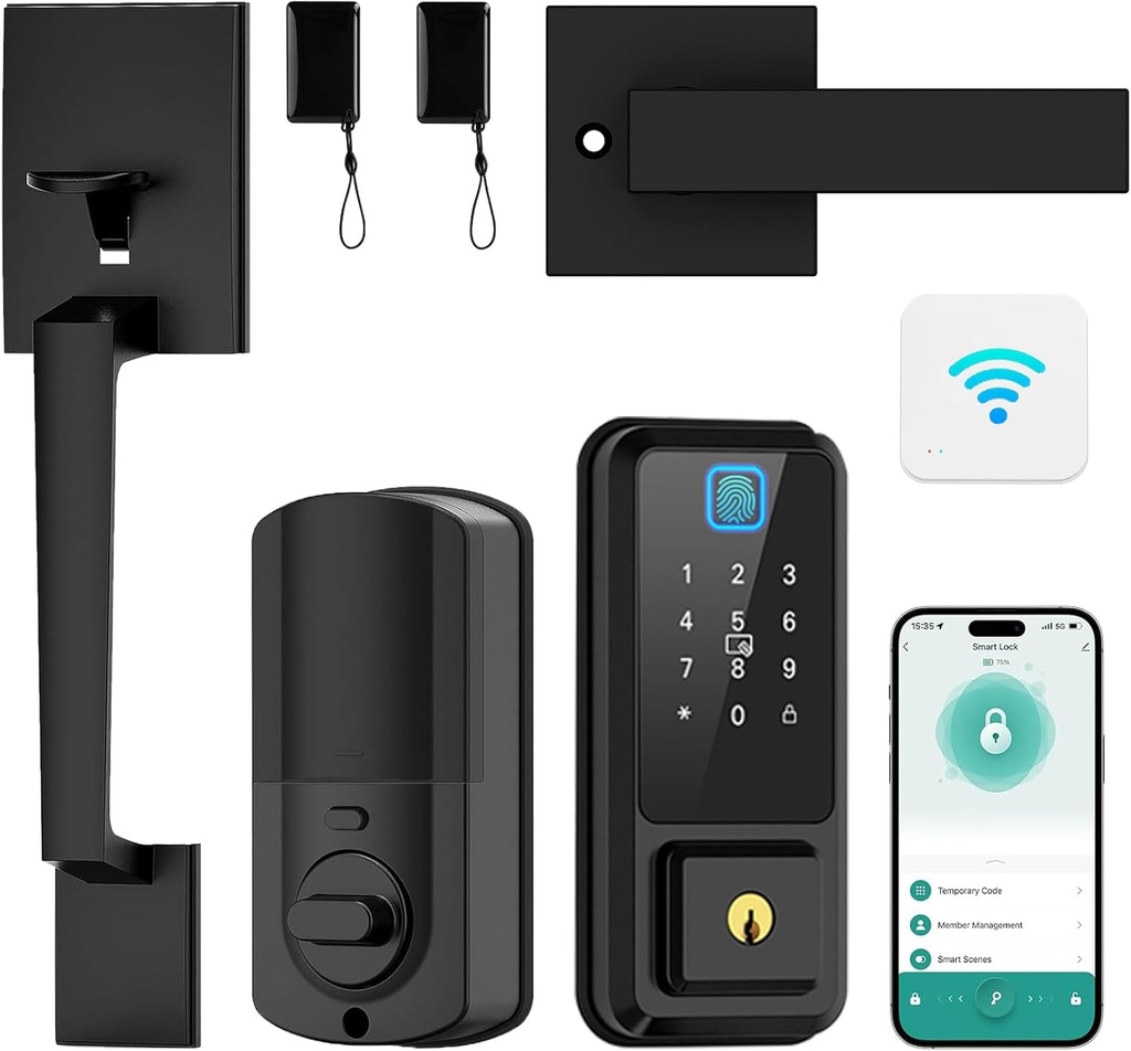 Hunnay WiFi Front Door Lock Set, Smart Locks for Front Door, Keypad Deadbolt Fingerprint APP Control Bluetooth Alexa Auto Lock, Easy Install (Black)