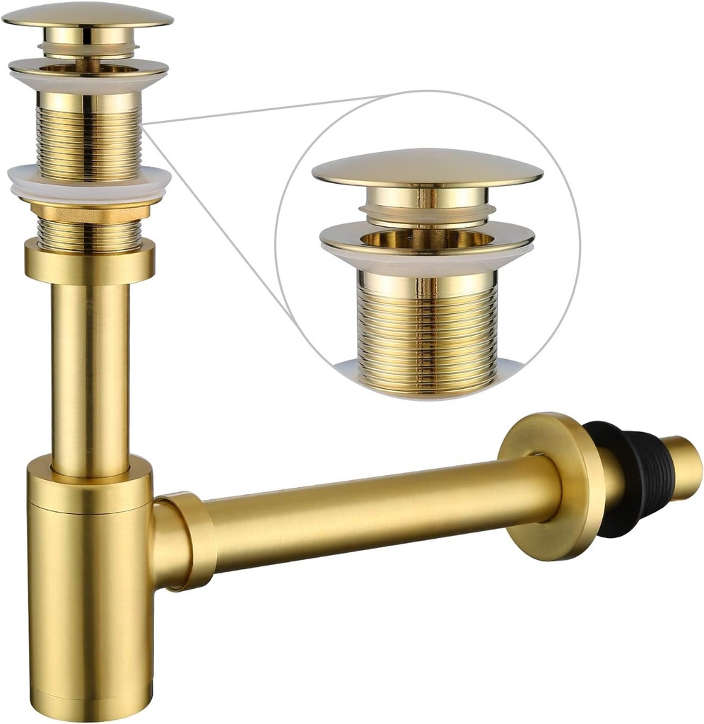 Bathroom Sink Stopper P-Trap Complete Set Adjustable 1-1/4 Sink Drain Kit Tube Solid Brass Bottle Trap w/Pop Up Drain Stopper Set, No Overflow Version, Brushed Gold