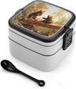 All-in-One Bento Box Stackable Leak-Proof Lunch Box With Carry Handle 2 Layer Portable Meal Prep Container Cute Bears Play in The Tree Lunchbox with Utensils for Dining Out Work, Black