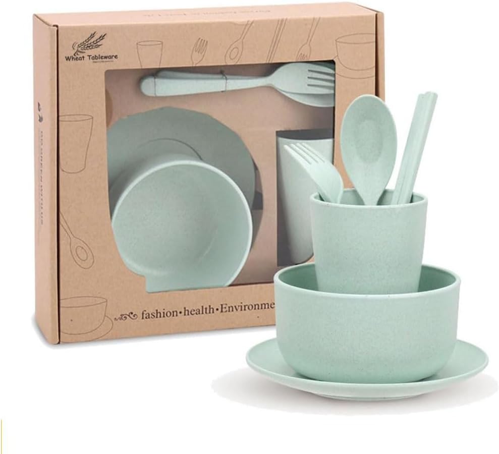 Generic Healthy Wheat Straw Kitchen Dinnerware Bowl Sets Unbreakable Dinner Plates Bowl Dinnerware 6pcs Set Tableware Bowl Cup Plate Spoon Fork Chopsticks (Green), Small, GRB1043