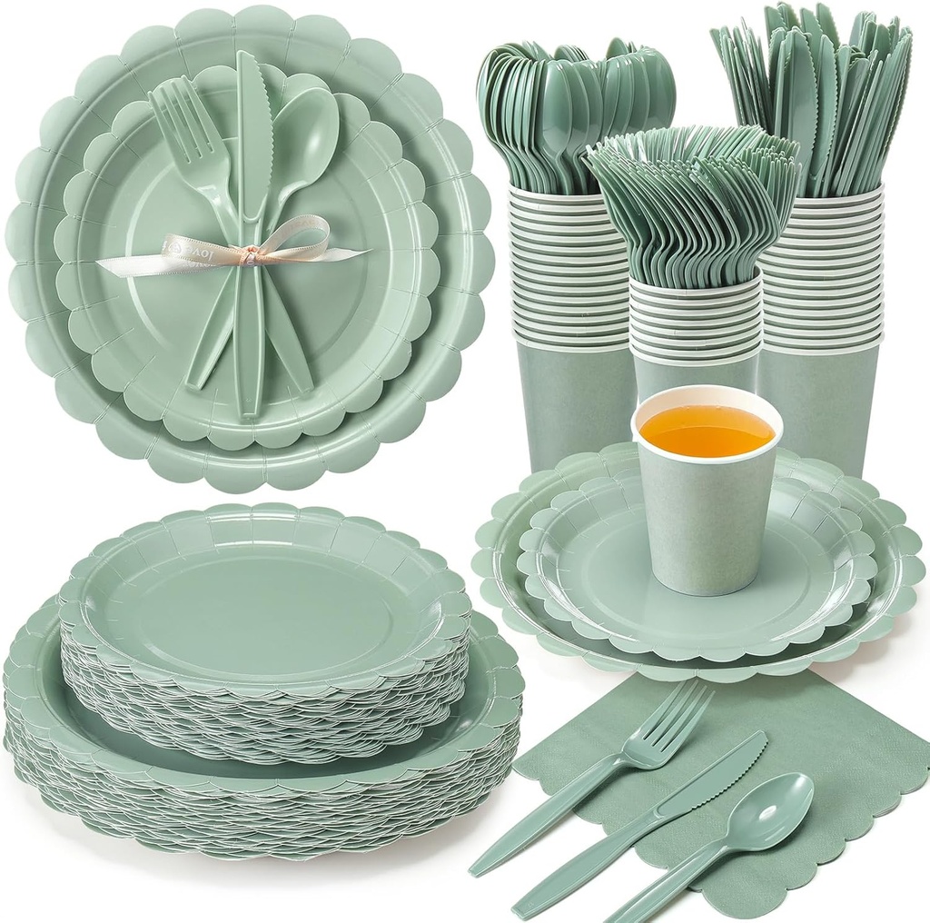 175 Pcs Sage Green Plates and Napkins, 25 Guest Spring Party Supplies Include Scalloped Paper Plates Napkins Cups Plastic Spoons Forks Knives Disposable Tableware Set for Baby Shower