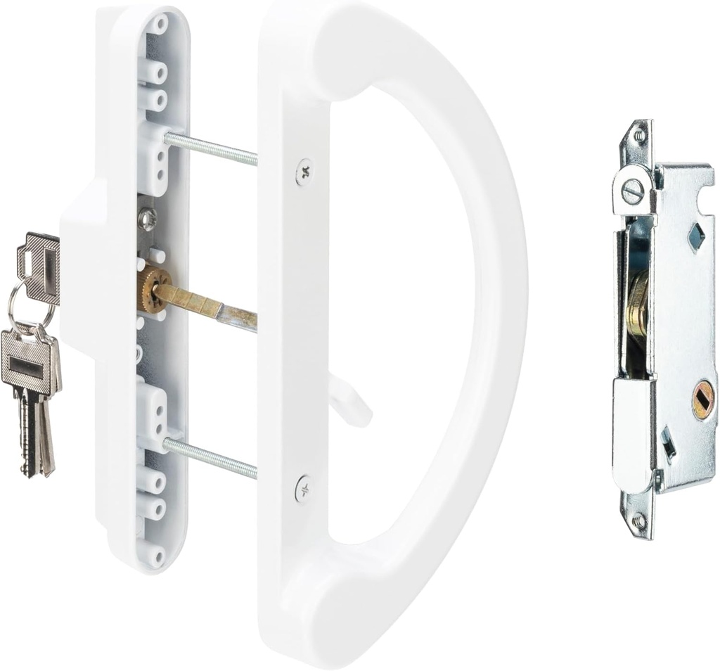 Sliding Patio Door Handle Pull Set with Key Cylinder, Replacement Sliding Door Handle with Mortise Lock for Sliding Glass Door Handle, Fits Hole Pitch Doors with 3-15/16 Inch Hole Pitch, White