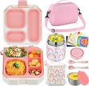 Itslife Bento Lunch Box Set for Kids with 12oz Soup Thermo&Lunch Bag, Leak-Proof Lunch Food Containers for Kids School, 5 Compartment, Sauce Cup, 10 Notes (Rainbow White)