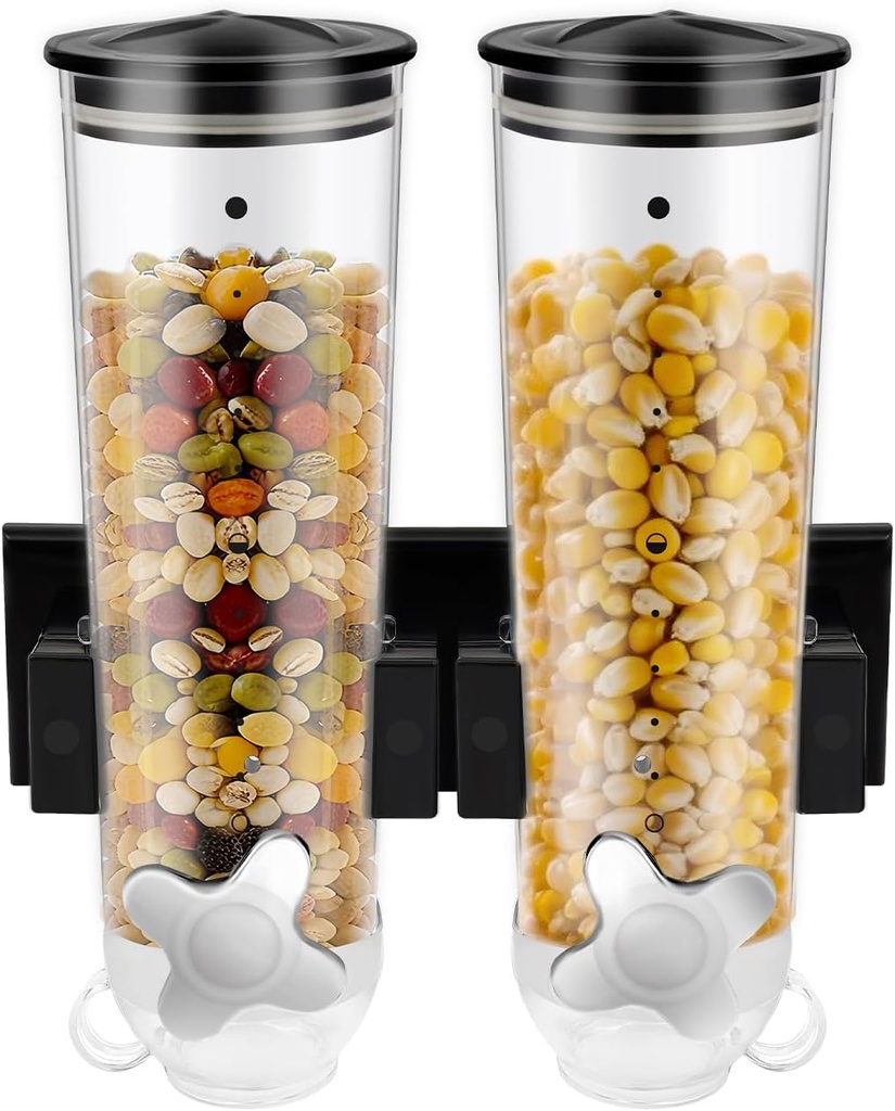 Food Dispensers,2 PACK Wall Mount Double Dry Cereal Dispenser,Convenient Storage Dual Control for Cereal Nuts,Coffee Beans Trail Candy Oatmeal Rice Pasta Container,1.5L Each Cereals Bank (Black)