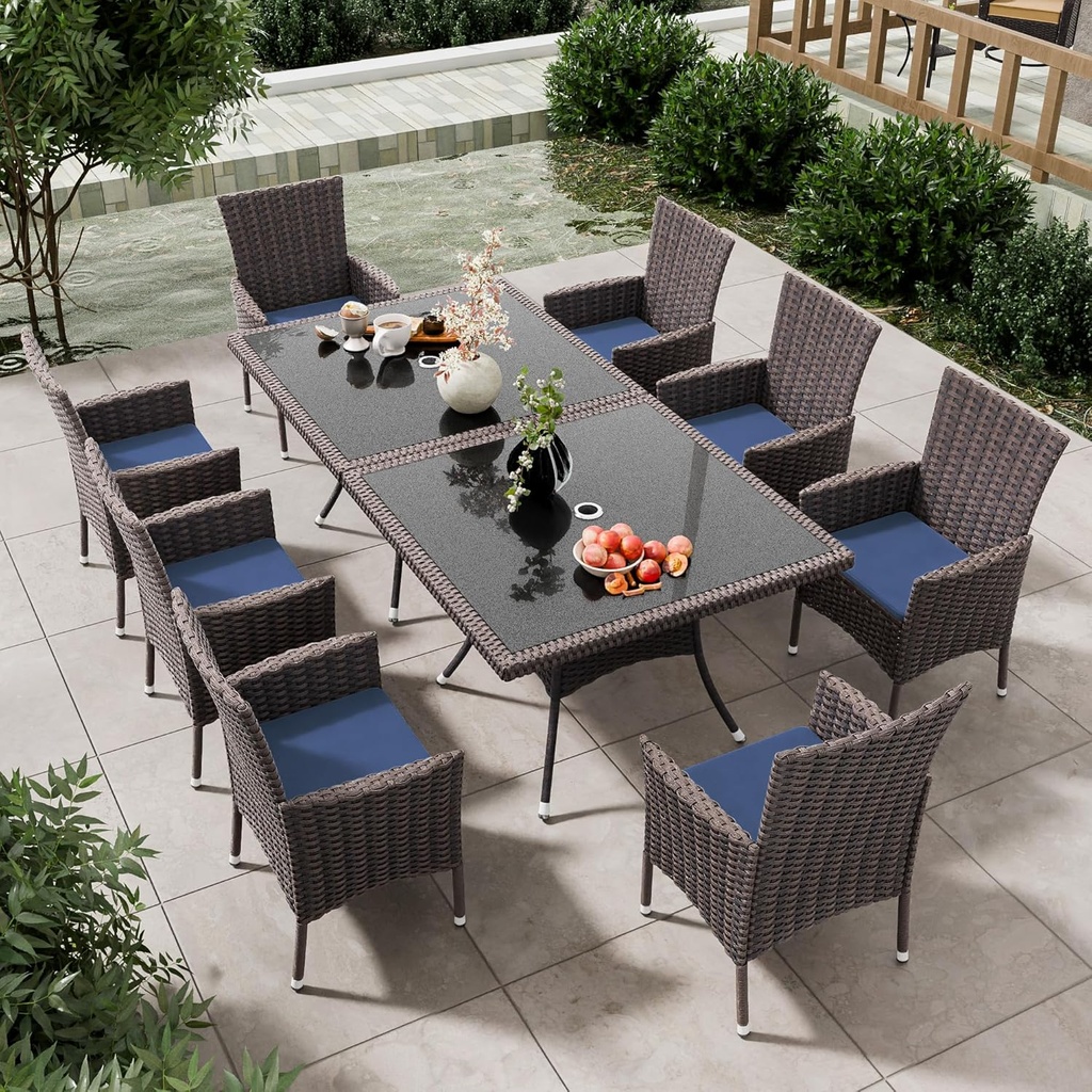 10 Pieces Dining Sets for 8 with Rattan Dining Set Chairs x8 and Square Table Glass Topx2 with Umbrella Cutout, Outdoor and Indoor Set-Navy