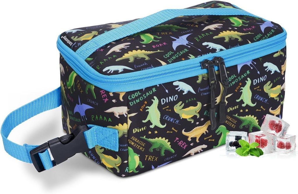 Cerbonny Small Lunch Box for Kids/Adult, Mini Cooler with Buckle Handle, Insulated Bag for Work/School Travel, Black Dinosaur