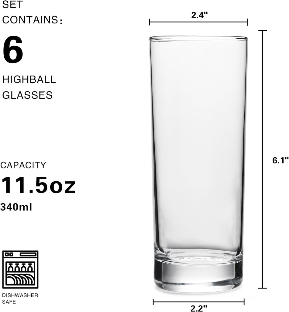 Glasses Set of 6, 11.5oz Tall Drinking Glasses, Water Glass for Kitchen,Clear Tall Glass Cups,Cute Cocktail Glasses,Lead-Free Water Glasses Bar Glassware for Mojito Beverages and Mixed Drinks
