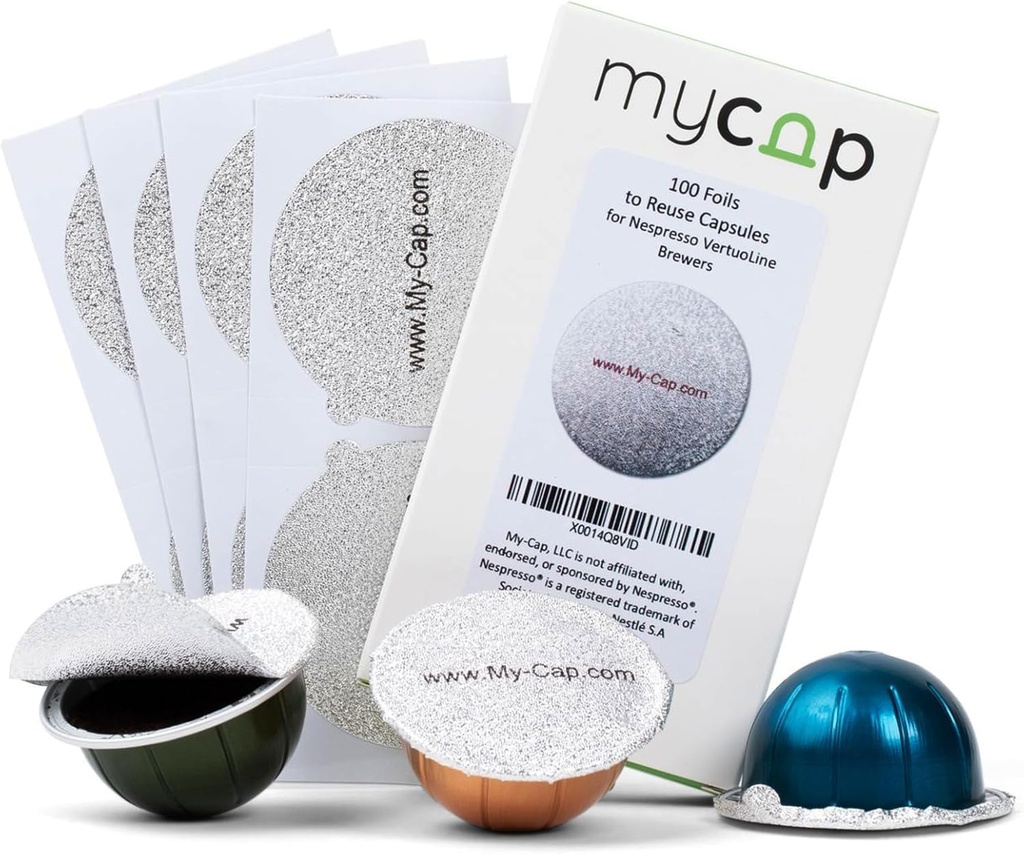 My-Cap Foil Seals for Nespresso Vertuo Pods - Reusable Aluminum Lids to Extend Life of Nespresso VertuoLine Capsules (Pack of 100)