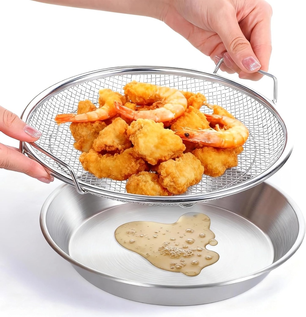 2Pcs Stainless Steel Mesh Tray Set with Drip Pan,Air Fryer Basket and Tray,Draining Rack with Heat Resistant Handles, Food-safe Frying Pan and Crisper for Healthy Cooking,Rustproof Kitchen Accessory