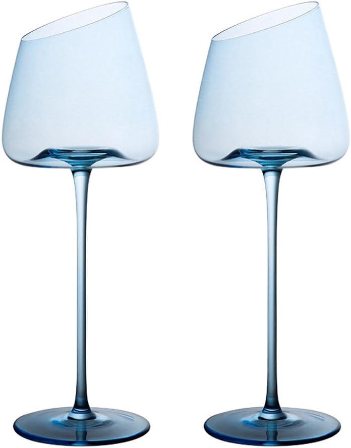 2 Pack Slanted Red Wine Glasses Lead-Free Goblet Long Stem White Wine Glasses Modern Crystal Wine Glass with Unique Concave Base Unique Gifts for Birthday Wedding Anniversary Valentines Day