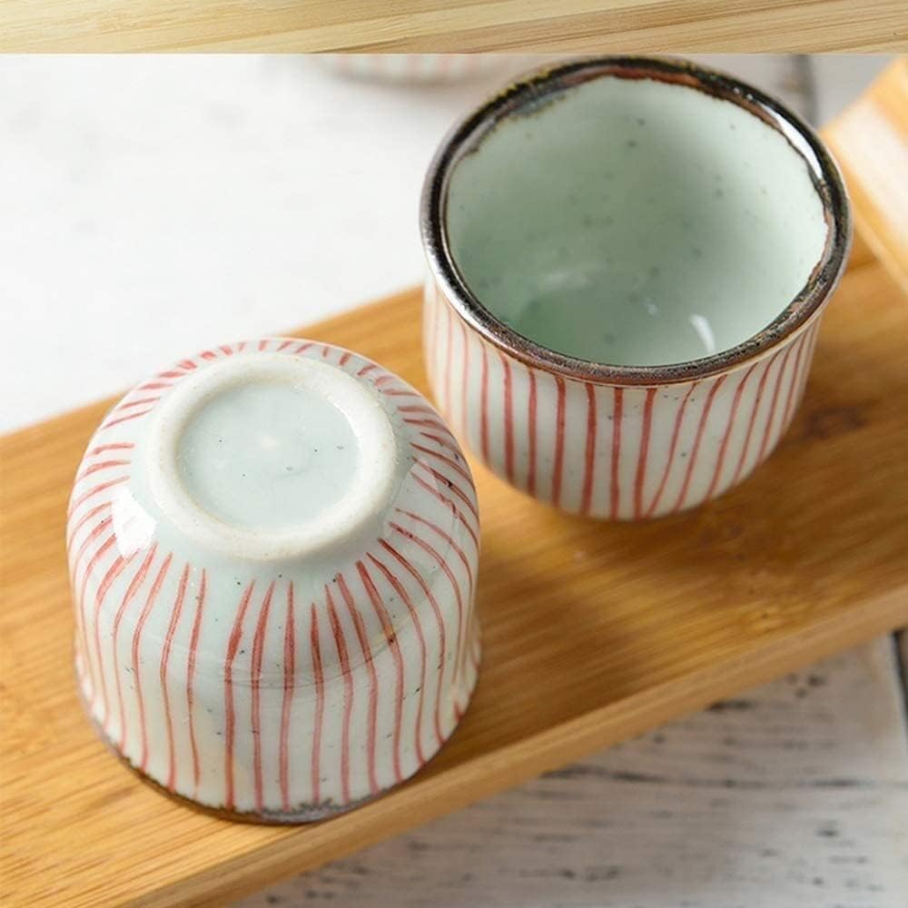 Sake Set 5pcs Japanese Sake Set, 1pcs 14 Oz Sake Bottle and 4pcs 1.7oz Sake Cups, Red Vertical Stripes Design Retro Ceramic Liquor Bottle Drinkware,Sake Pots Sets