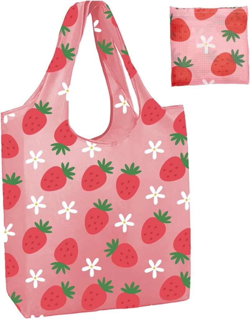 CHARMED AROMA Strawberry Pink Foldable Reusable Shopping Bags | Grocery Bags | Cute Tote Bags with Pockets and Long Handles|