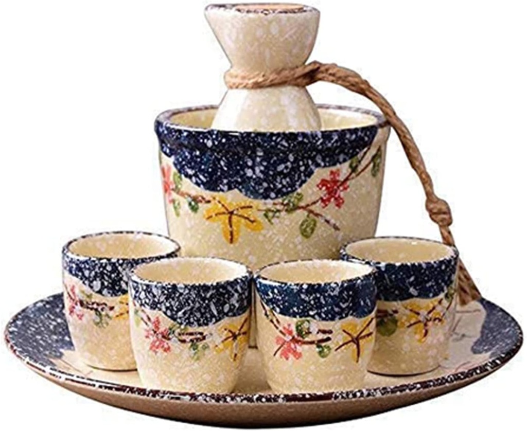 7 Piece Sake Set, Snowflake Glaze Ceramic Sake Cups Set with Warming Pot and Ceramic Tray, Elegant Design Best Gift for Family and Friends Cups