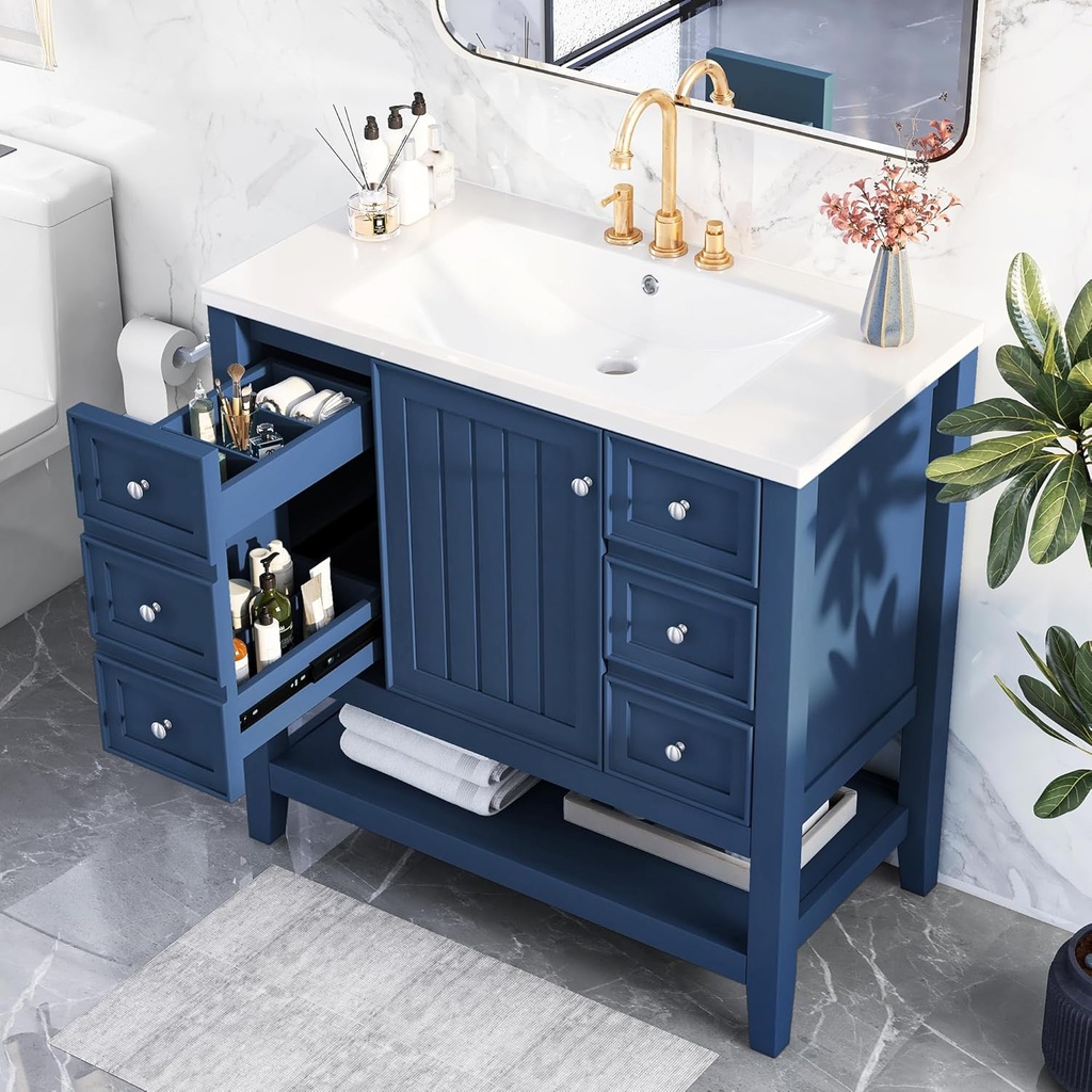36" Bathroom Vanity,Vanity with Sink Combo, One Cabinet and Three Drawers, Solid Wood and MDF Board,Blue