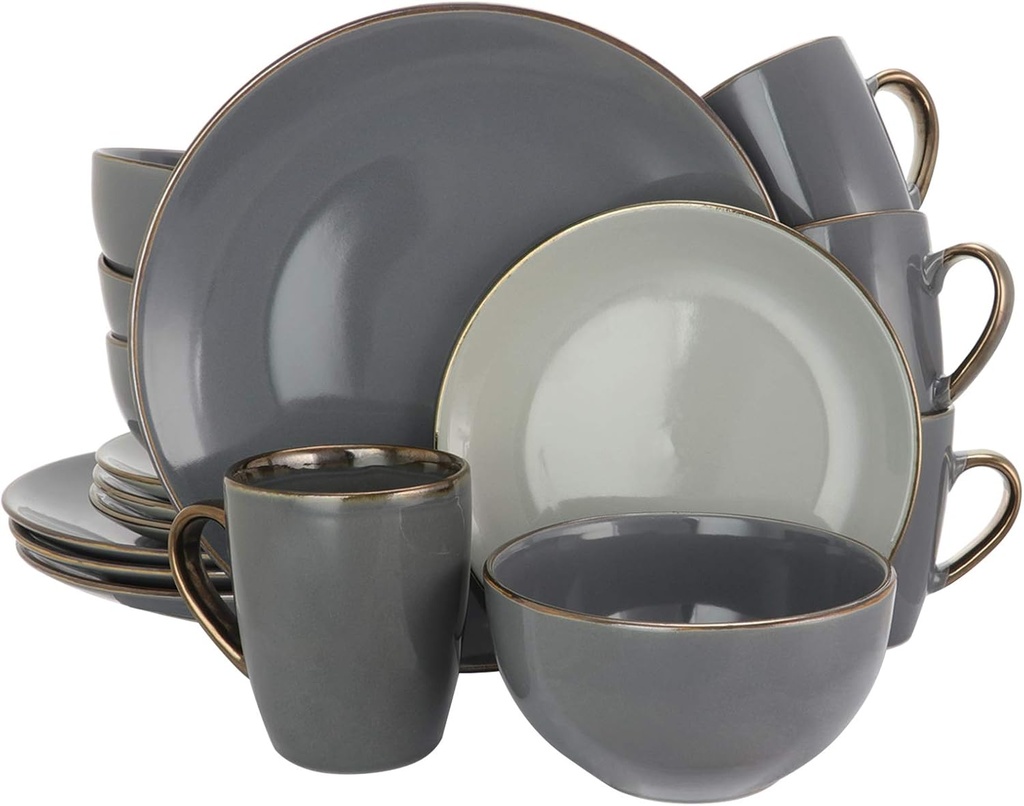 Elama Tahitian Grand 16 Piece Luxurious Stoneware Dinnerware Set in Stone and Slate with Complete Setting for 4