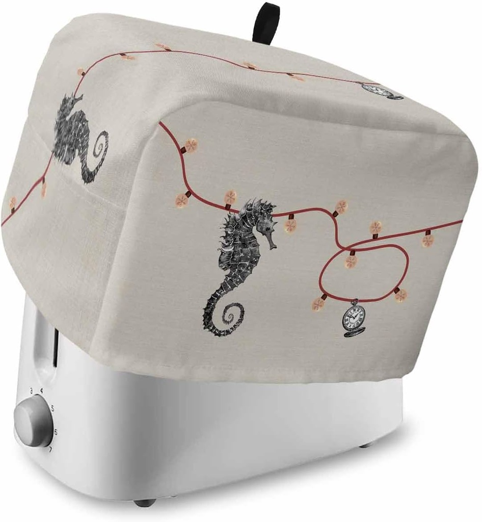 Coastal Seahorse Christmas Small Toaster Cover 2 Slice, Kitchen Appliance Covers with Pocket & Loop, Xmas Red Nautical Beach Rustic Bread Machine Covers Dust & Fingerprint Protection