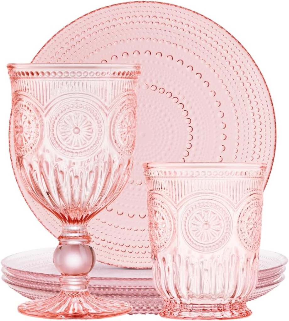 Yungala Pink Glassware Bundle - Pink Wine Glasses & Plates with Sunflower Emboss Design