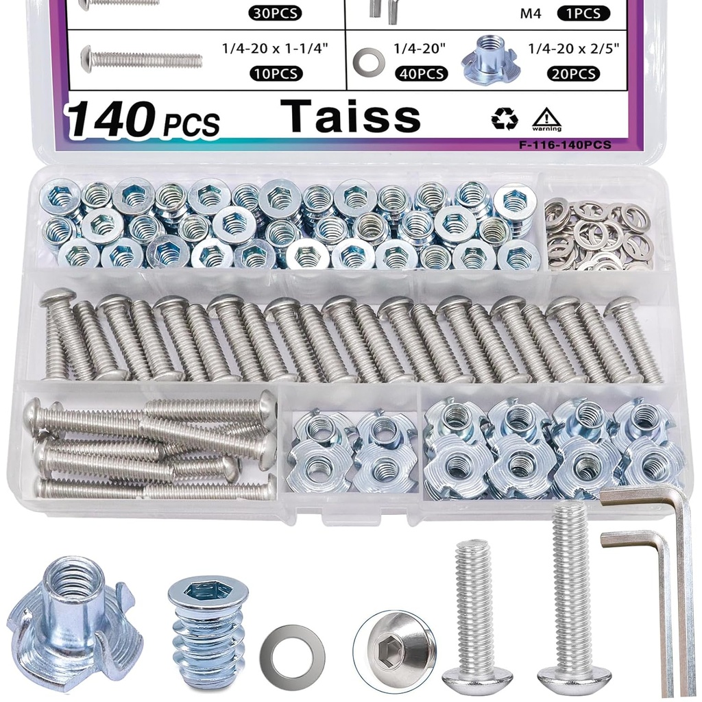 Taiss 140PCS 1/4-20 Threaded Inserts for Wood,T Nuts,1/4-20x 1", 1-1/4" Bolts Button Head Socket Cap Screws Fully Threaded and 1/4-20 Washers with Hex Wrench F-116-140PCS