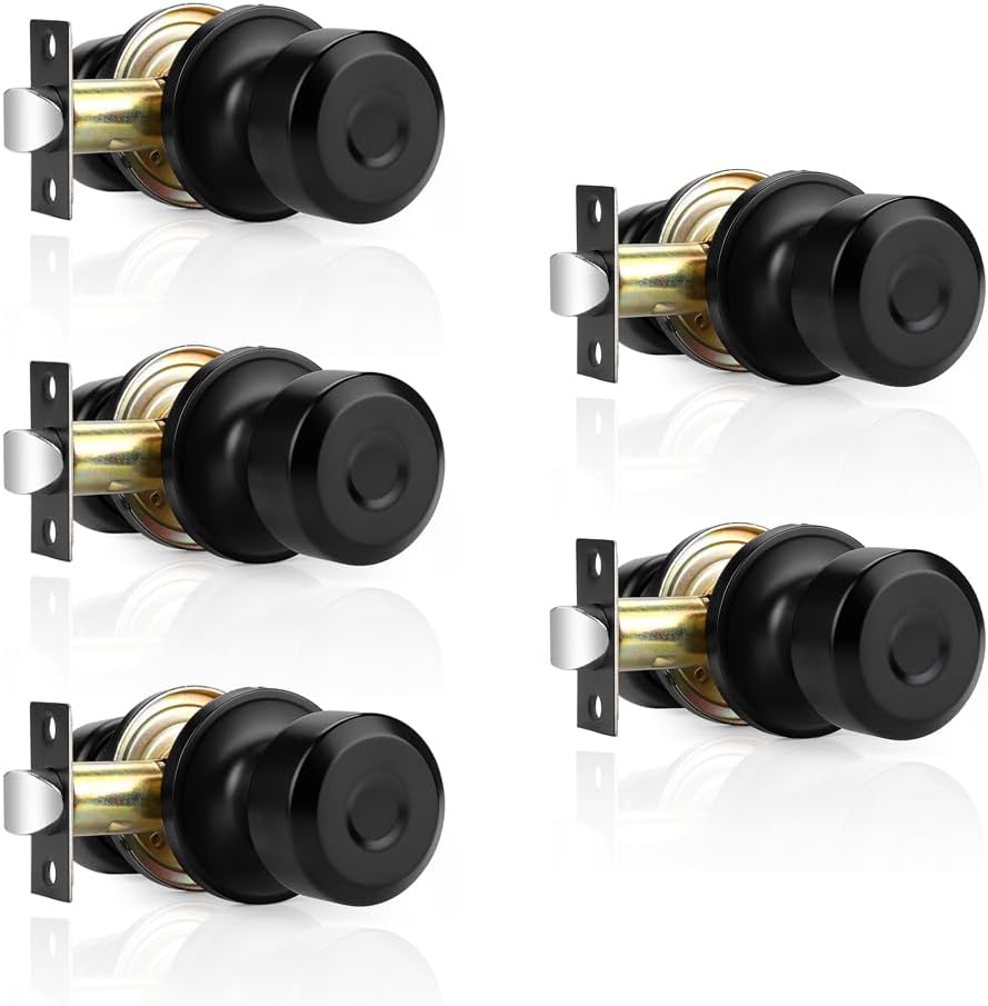 Probrico Passage Interior Door Knobs in Black with Flat Ball Shape for Hall and Closet, Non-Locking Keyless Stainless Steel Handles Reversible for Left and Right Handed Doors,5 Pack