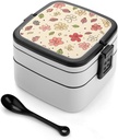 Lovely Flower Patterns Bento Box with Compartments Double Layer Bento Lunch Box with Spoon And Handle All-in-One Adult Lunchbox Leakproof Lunch Container for Work Picnic Travel