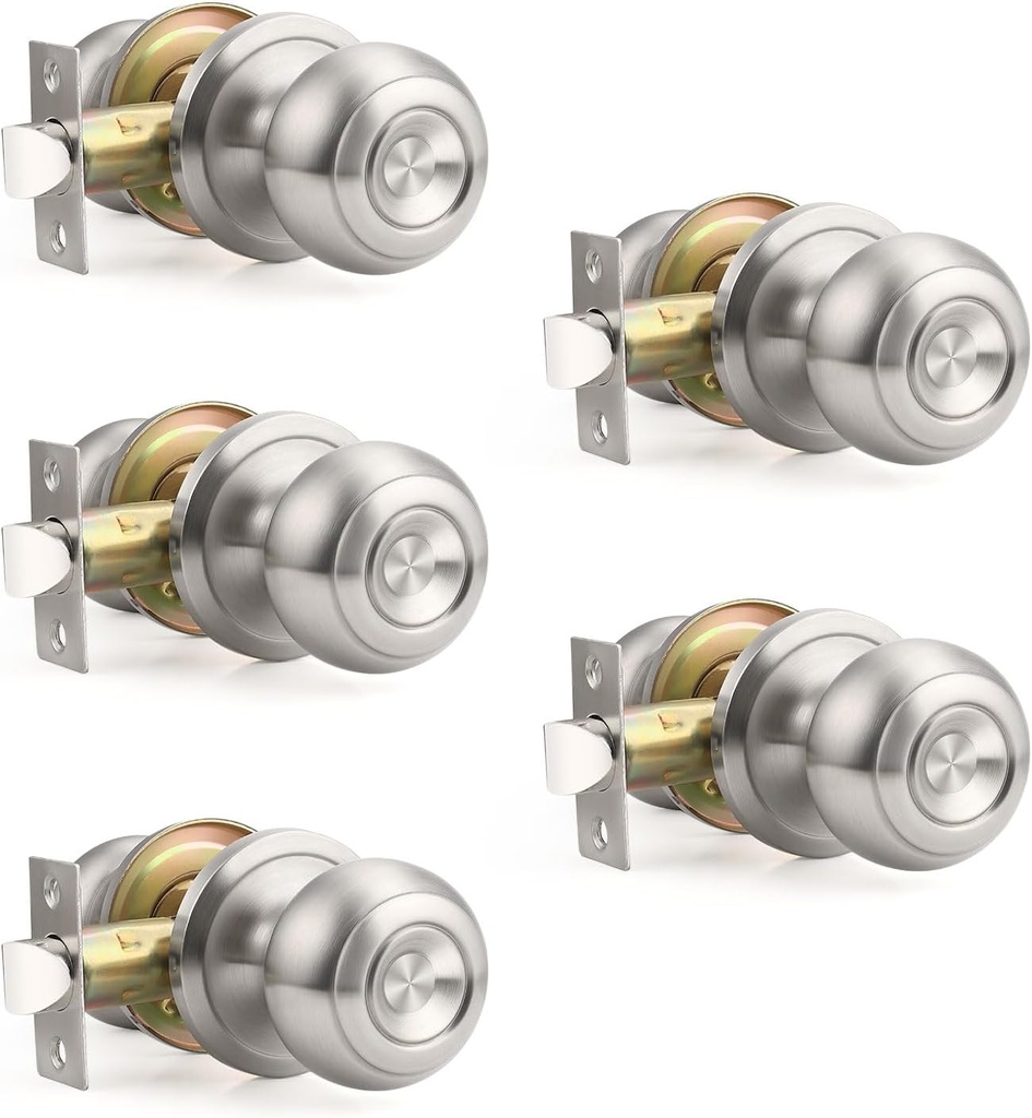Brushed Nickel Passage Door Knobs Keyless Round Door Knob Closet Door Knobs Interior Non-Locking Passage Door Handle Keyless Lockset for Hallway Closet Bedroom Bathroom 5 Pack