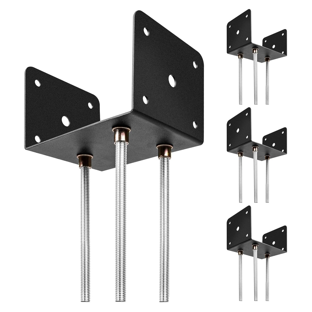 4pcs Concrete Post Anchor, U Shape Fence Post Holder 6x6 Post Anchor Pergola Bracket Deck Post Base Holder Ground Spike for Concrete, Black