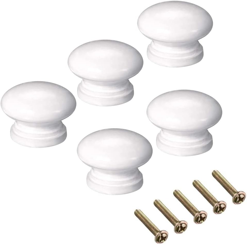 Mgoodoo 5PCS White Wood Knobs, 1.34'' Round Mushroom Wooden Knobs for Cabinet Drawer Dresser Closet Cupboard Pulls Kitchen Hardware