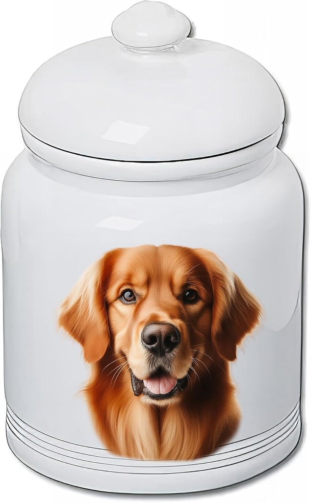 Best of Breed Golden Retriever Red Dog and Cat Ceramic Treat Jar 9" Tall Air Tight Seal All White