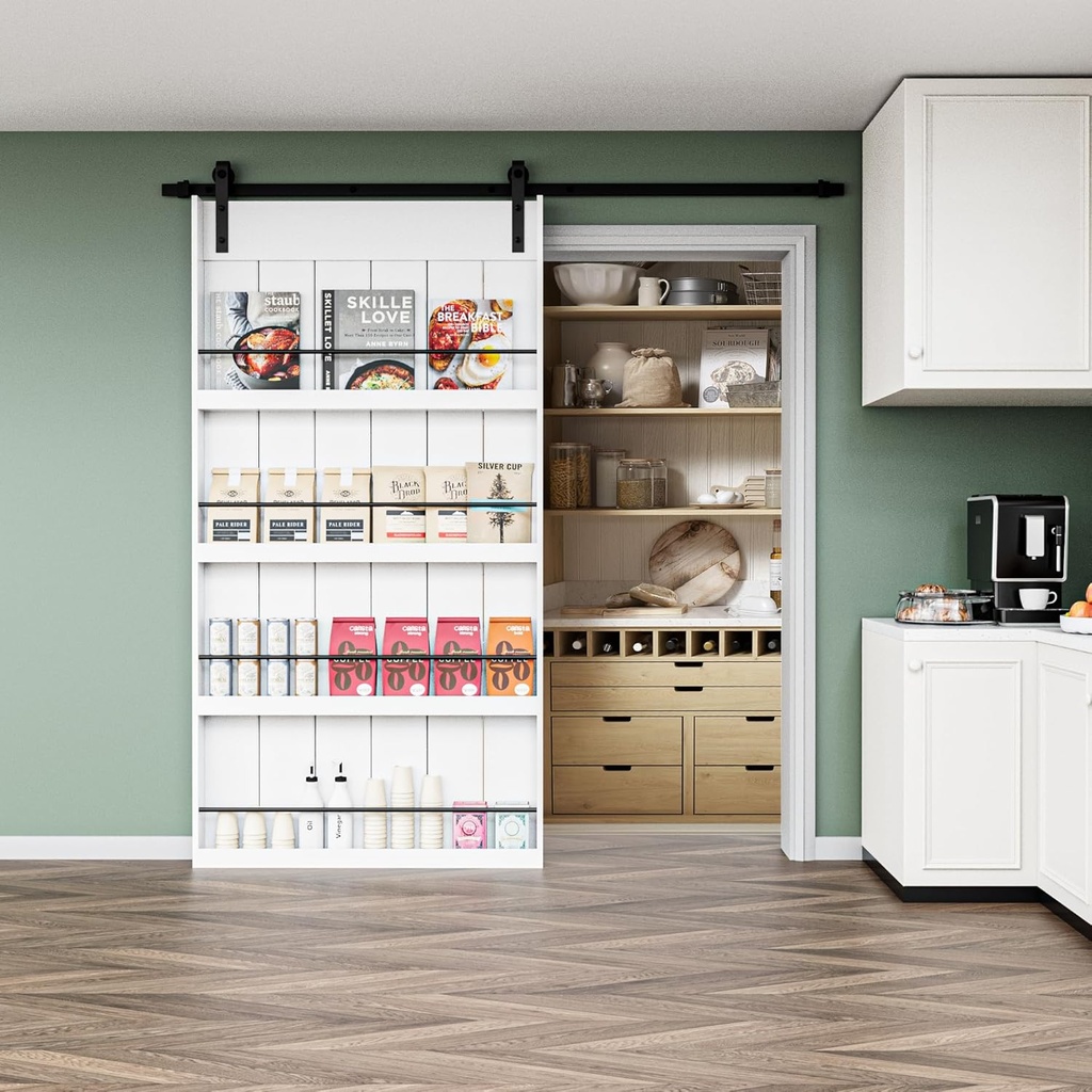 42" x 84" Sliding Barn Door with Shelves, 4-Shelf Bookshelf Barn Door Hidden Doors, 7 FT Track Hardware Kit Included, White Primed Solid Core Panels for Lower Energy Bills & Effective Sound Reduction