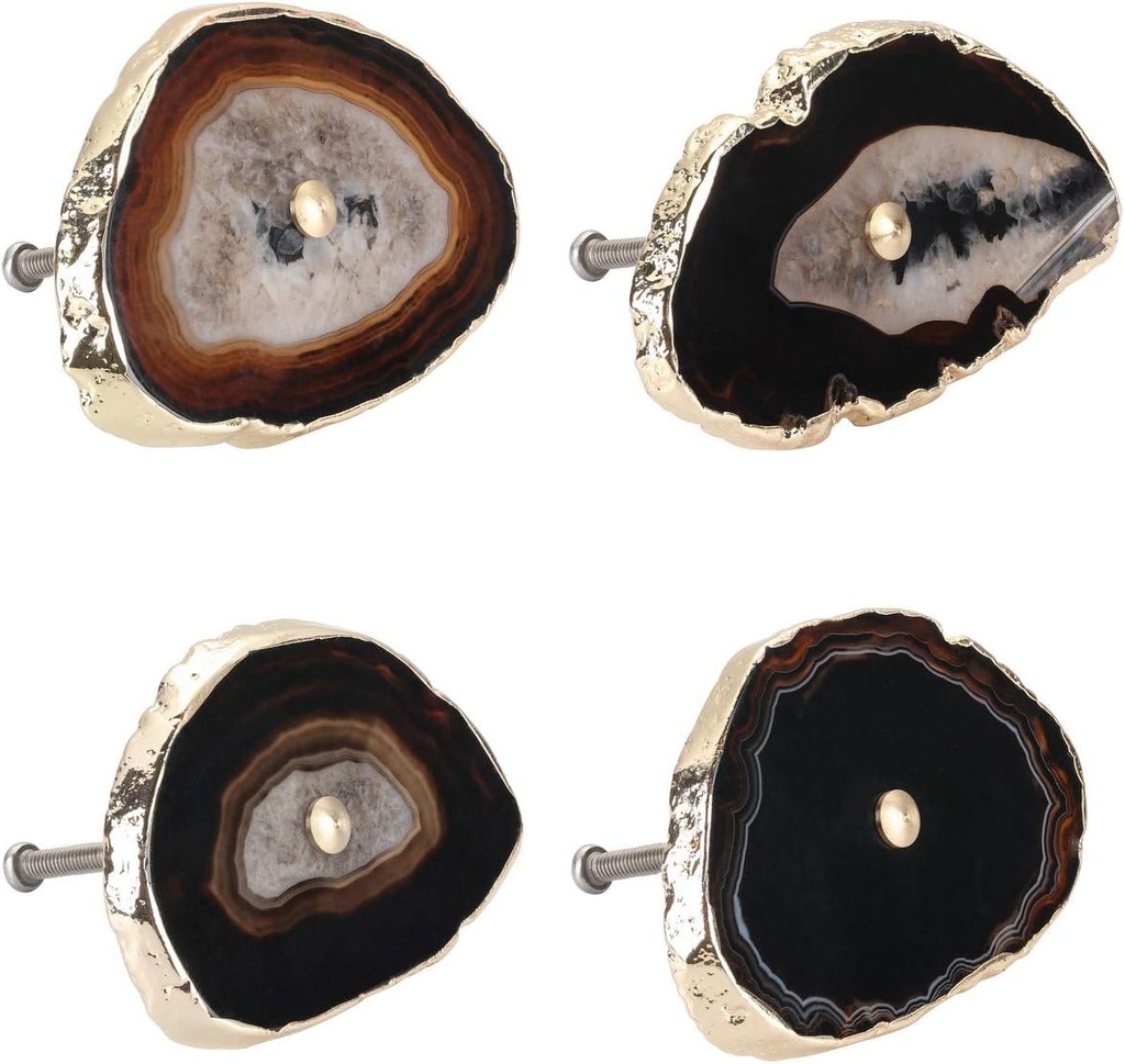 Yoption Set of 4 Cabinet Drawer Knobs Natural Agate Pull with Gold Plating Edge Decorative Unique Cabinet Cupboard Dresser Handles (Black)