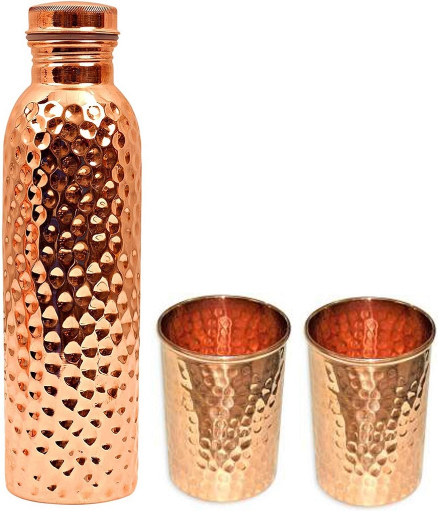 Pure Copper Water Bottle with 2 Copper Glass Drinkware Set Pack of 3 (1000 ML Bottle, 300 ML Glass)