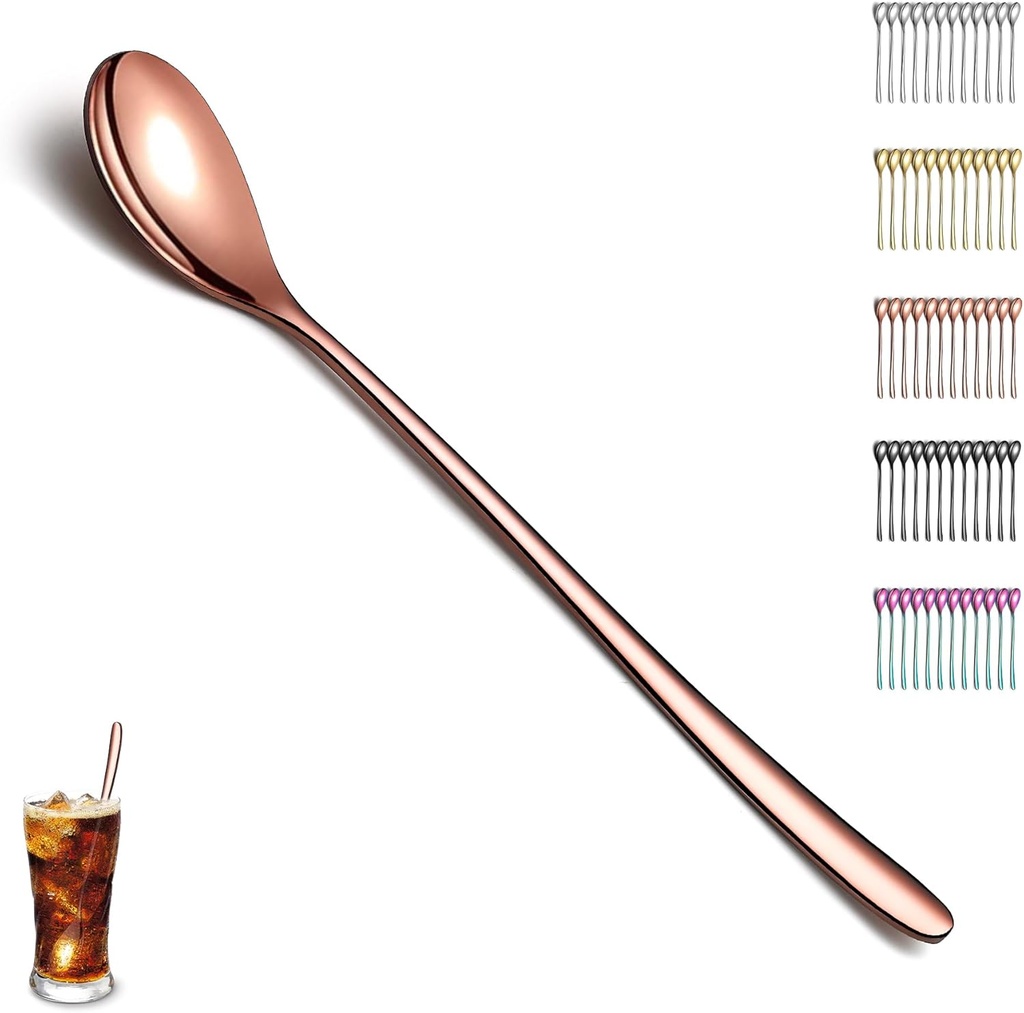 Evanda Rose Gold Long Handle Iced Tea Spoon Set of 12 Pieces, Titanium Plated Stainless Steel Teaspoons, Stirring & Cocktail Spoons, Dishwasher Safe
