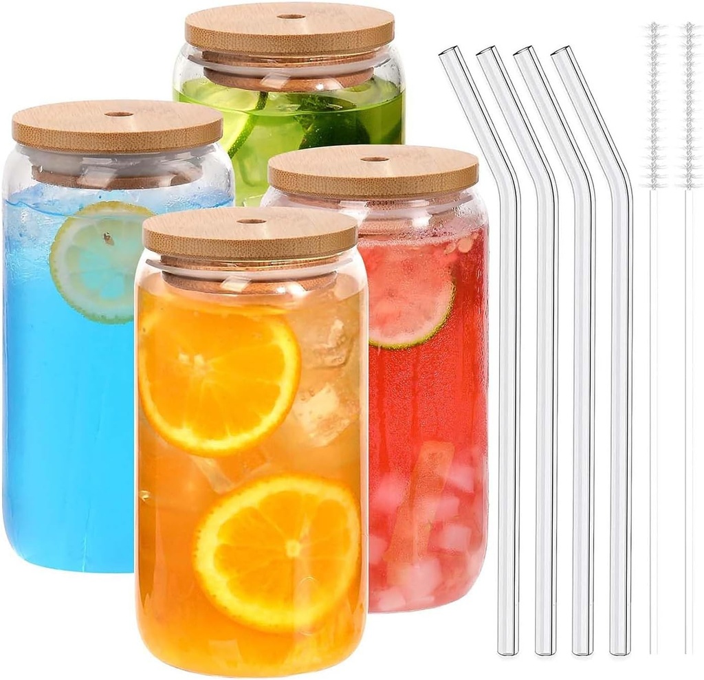 4pcs Transparent Can Glass Cups with Bamboo Lids & Stainless Steel Straw Large Thick Drinking Glasses Set Can Shaped Beer Glasses Tumbler for Cold Drink Juice Coffee
