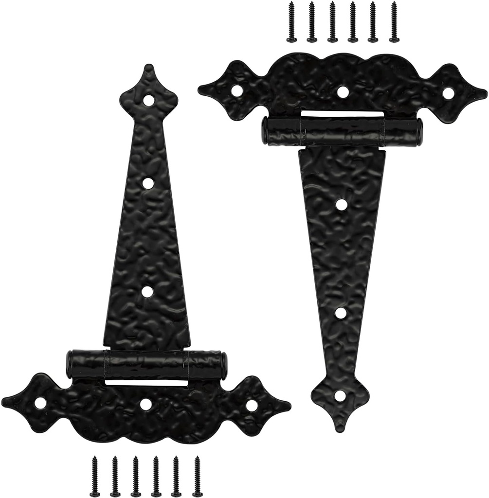 WellMade 6 in T-Strap Hinges,Decorative Wooden gate Hinges,Outdoor T Hinges for Fence Barns Shed Storage Doors （Black 2 Pack）