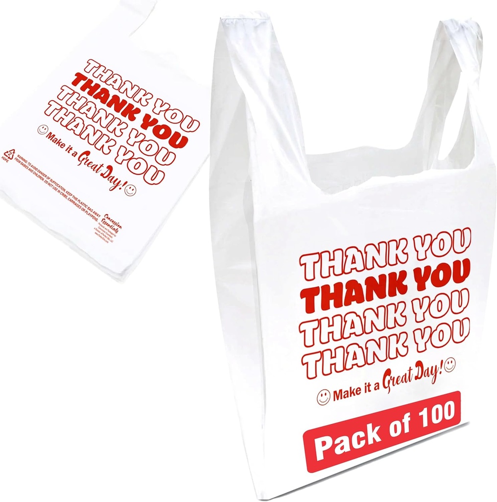 Concession Essentials Disposable & Reusable Thank You T-Shirt Bags- Pack of 100