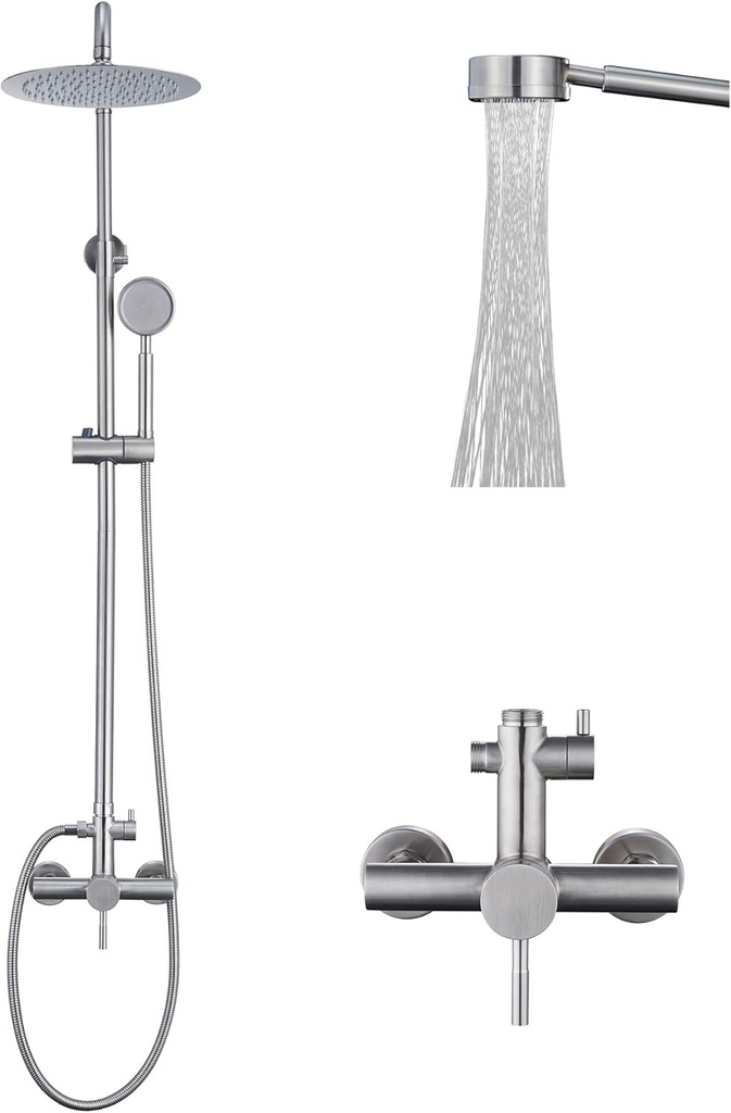 SS304 Shower Faucet Set - Outdoor Kit - Outdoor Fixtures with Brushed Nickel Shower Head & Handheld Spray, High Pressure