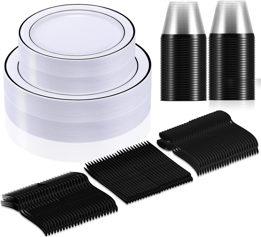 Zubebe 300 Pcs Plastic Plates Set, Clear Disposable Plates for 50 Guests, Plastic Dinnerware Set Include Knives, Spoons, Forks, Cups for Party Wedding Festival Picnics(Black)