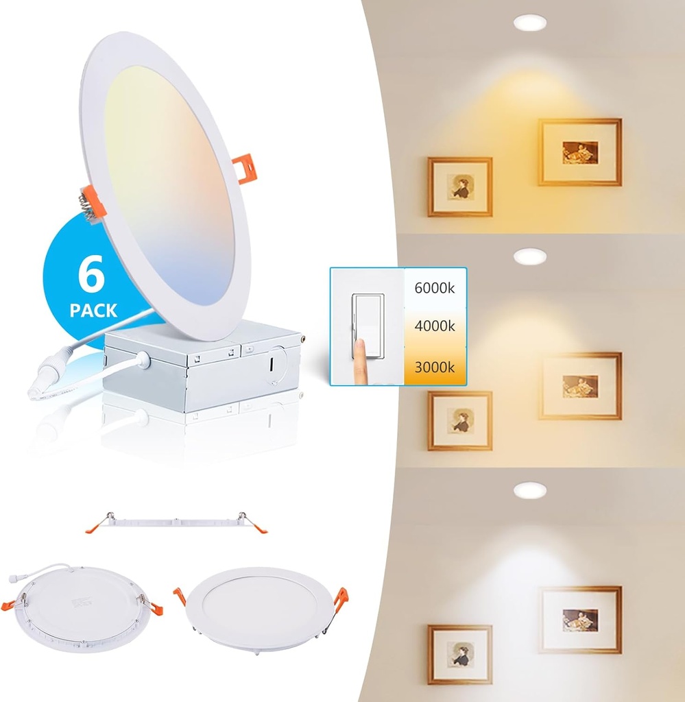 8 Inch LED Recessed Light with Junction Box.6Pack Ultra Thin LED Recessed Lights 3CCT 3000K/4000K/6000K Selectable Dimmable,18W 8" Ceiling Canless Light Downlight, Can Killer Lighting CR80+