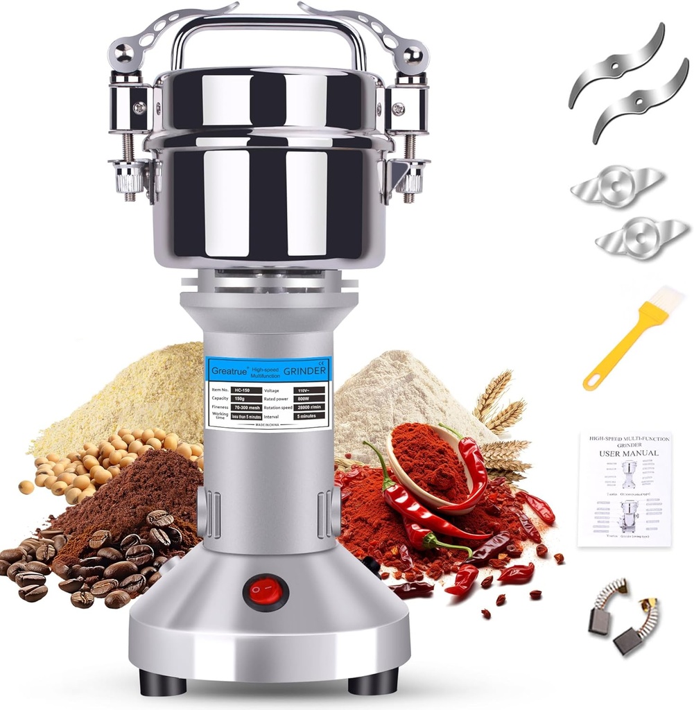 150g Grain Mill Grinder Spice Grinder Flour Mill High Speed Electric Stainless Steel Pulverizer Dry Grinding Machine for Spices Flour Wheat Corn Coffee Herbs