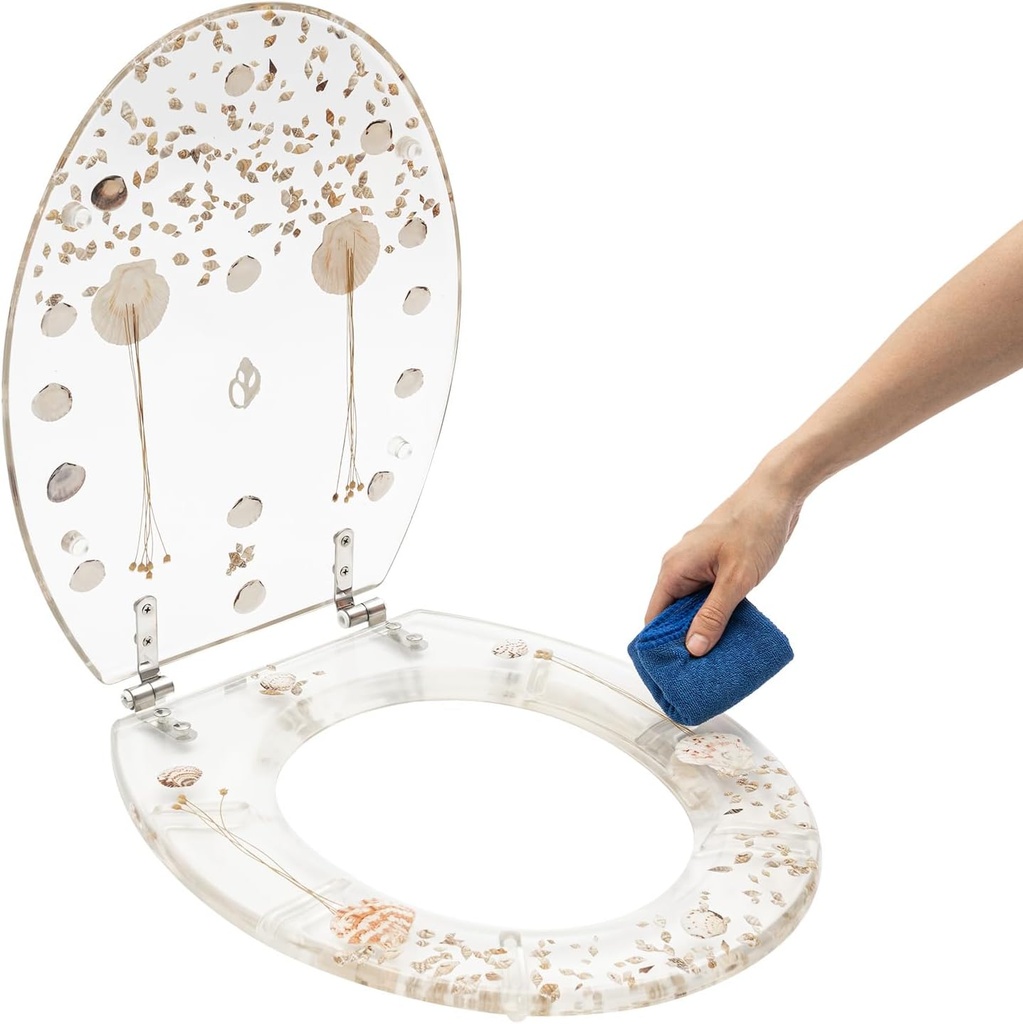 Resin Toilet Seat Cover with Shells,Decorative Seethrough Toilet Seat Lid,Fashion Silent Thickened Sheer Toilet Seat Cover,Soft Closing Transparent Toilet Seat Cover