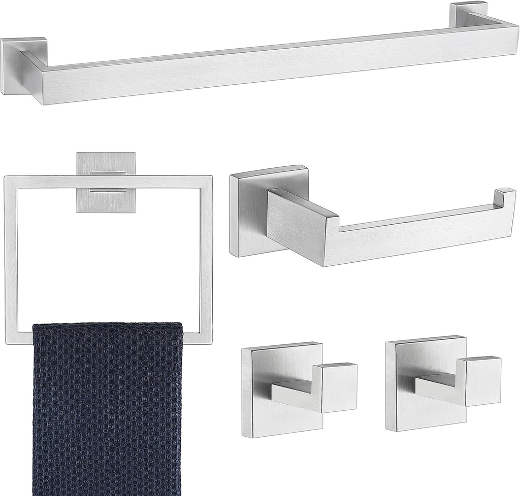 5 Piece Bathroom Hardware Accessories - Brushed Nickel, 24Inch Towel Racks, Stainless Steel Square Towel Bar Set, Wall Mounted