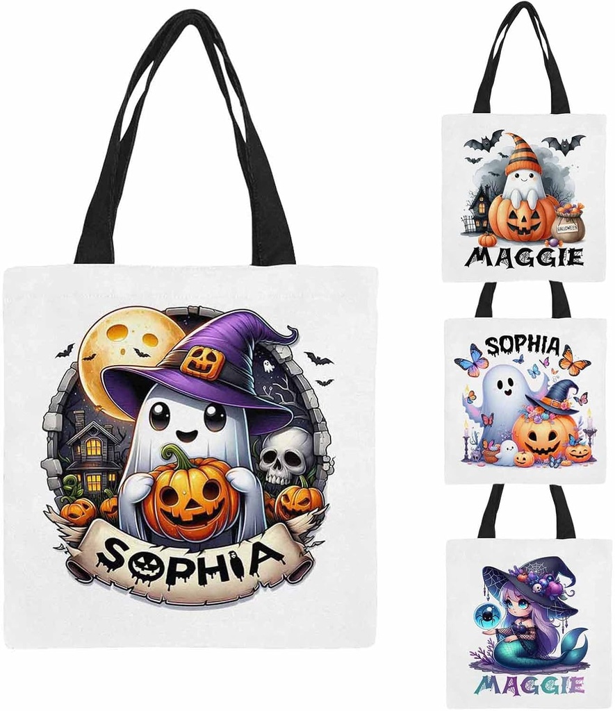 Personalized Halloween Tote Bag with Name Customized Pumpkin Witch Castle Skeleton Ghost Candy Bag Trick or Treat Goodie Gift