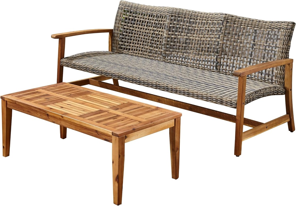 Christopher Knight Home Hampton Outdoor Acacia Wood and Wicker Conversation Set, Gray
