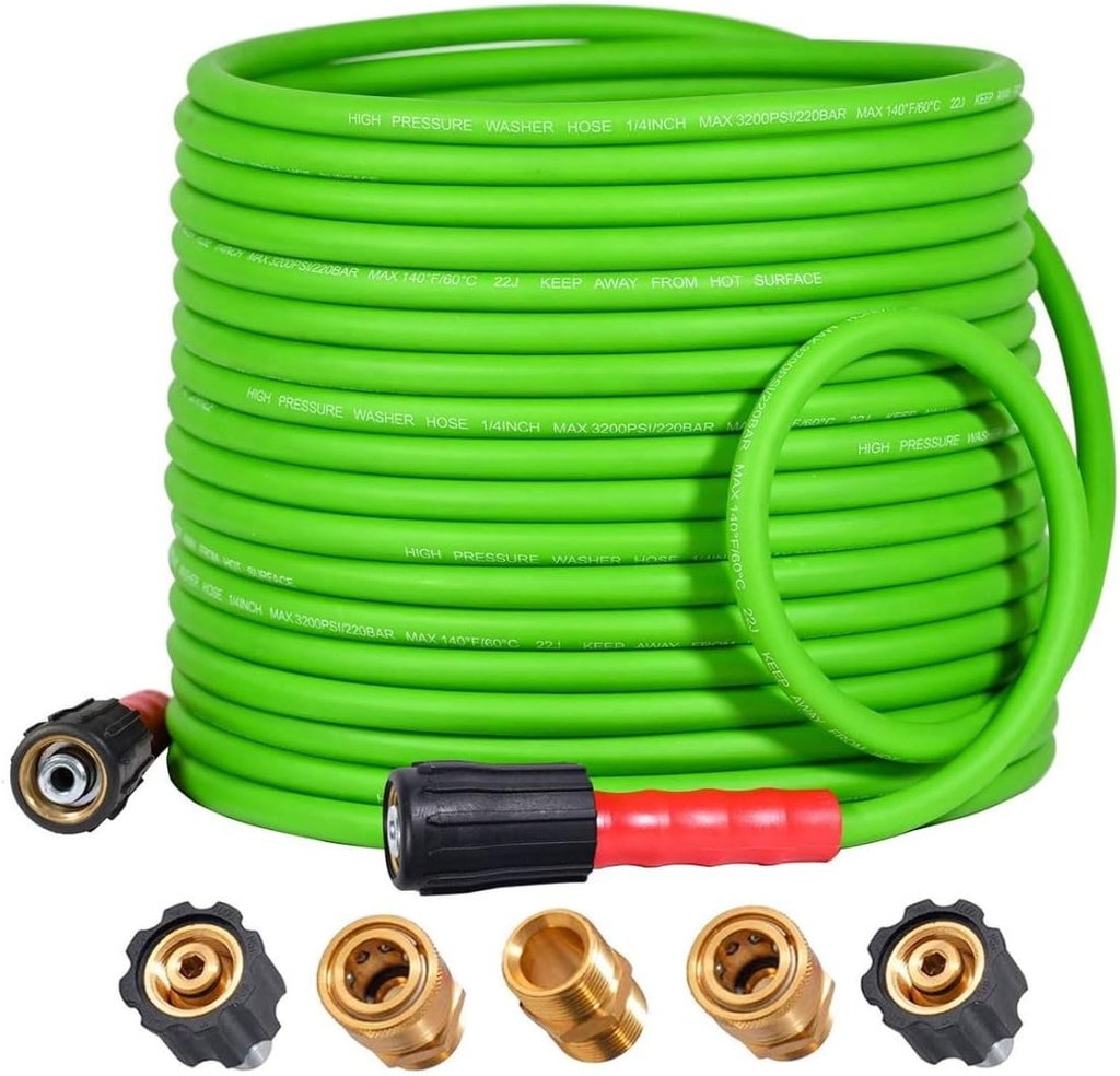 YAMATIC Super Flexible Pressure Washer Hose 50FT for Power Washer Replacement, Kink Resistant Extension With Leak-Free M22 Female & 3/8" Quick Connect Adapters, 1/4" 3200 PSI, Green