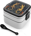 Gecko Lizards Bento Box Adult Lunch Box All-in-One Lunch Containers with Removable Compartments Double Layer Bento Lunch Box with Spoon And Handle Stackable Lunchbox